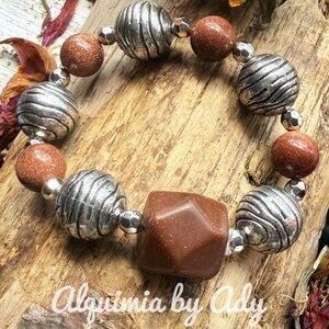 Bold Maximalism Metallic Silver and Earthy Brown big sunstone Bracelet